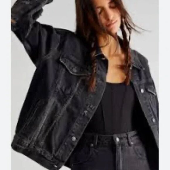 Free People Jackets & Blazers - Free People Jolene Oversized Trucker Denim Jean Jacket In Black Large